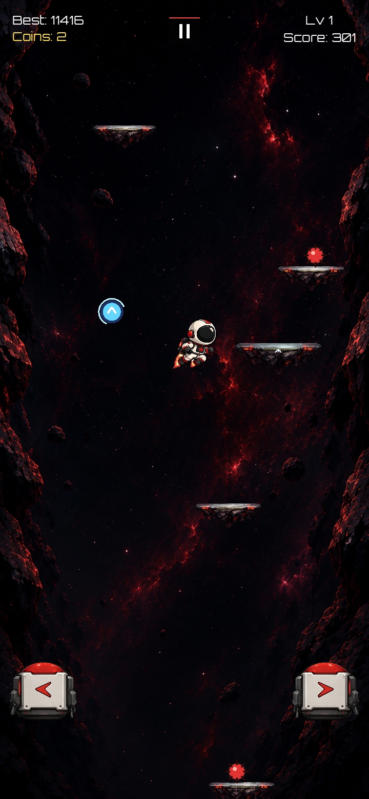 Void Hop gameplay showing the astronaut, on-screen controls, a power-up, and a mine